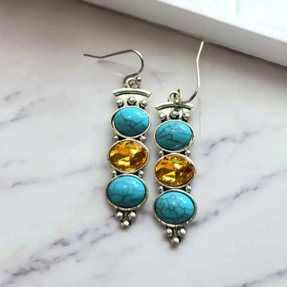 Turquoise Stone Bohemian Gemstone Dangle Earrings - Picture 1 of 2
